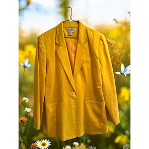 Vintage Newport News Easy Style Linen Cotton Blazer Womens 12 Yellow Nylon Lined